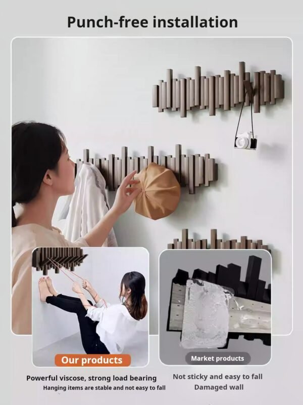 Piano keys hanging rack solid wood wall hooks bedroom entryway entry door storage no punch coat racks - صورة من 2